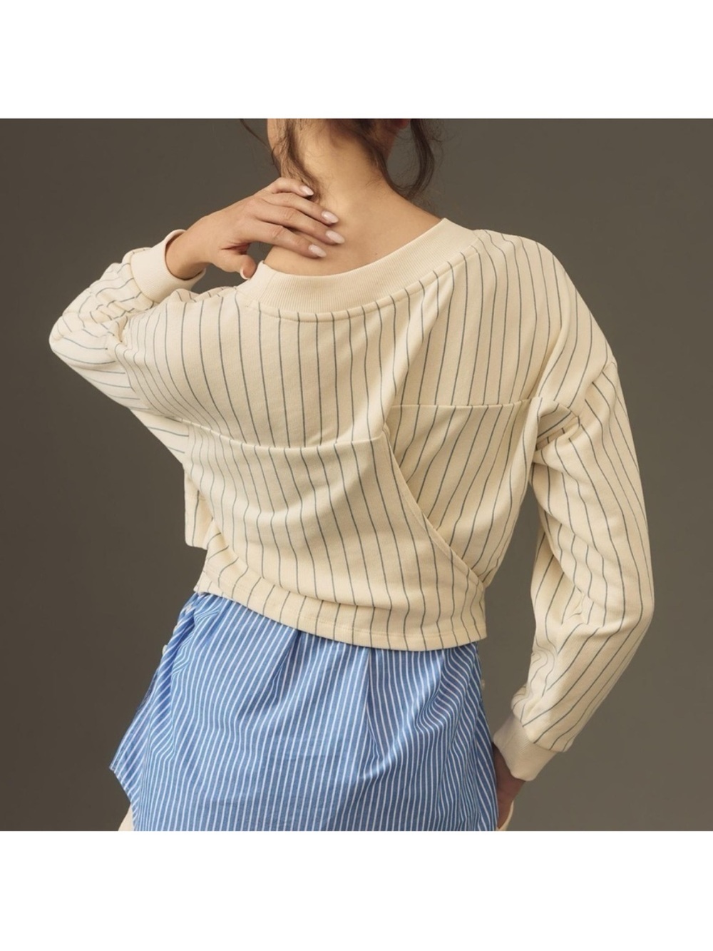 Anthropologie Striped Cream White Blue Bow Tie Long Sleeve Twofer Large - Picture 2 of 5